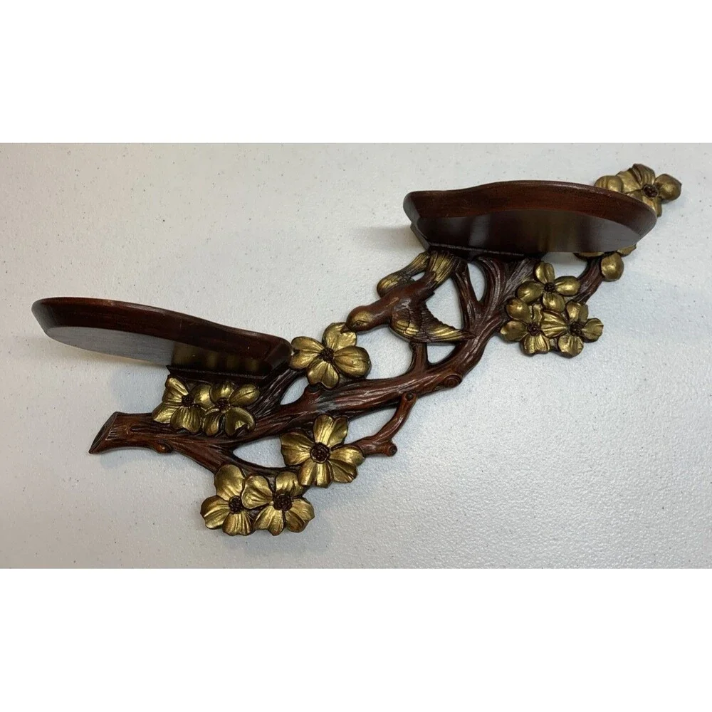 Vintage Bird Dogwood Wood Two Shelf Plate Rack Wall Display Asian Carved MCM